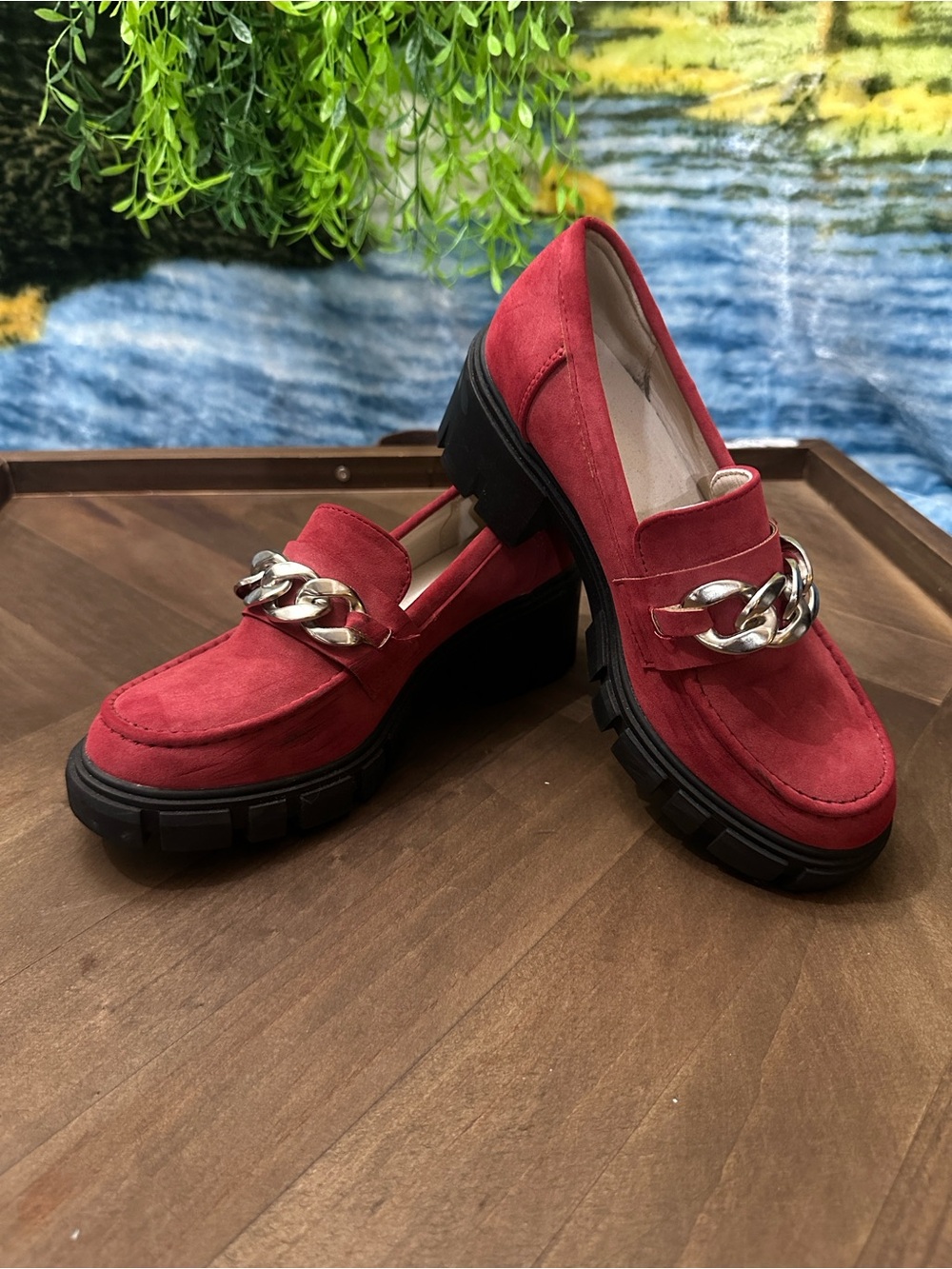 Chunky Red Suede Chain-Trim Loafers - Women's